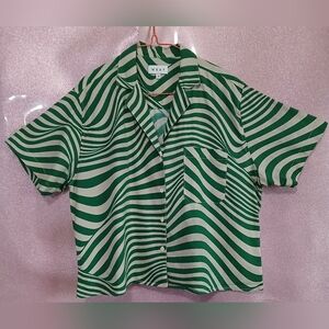 Wray Green & Cream Wavy Striped Short Sleeve Button Up Size XL